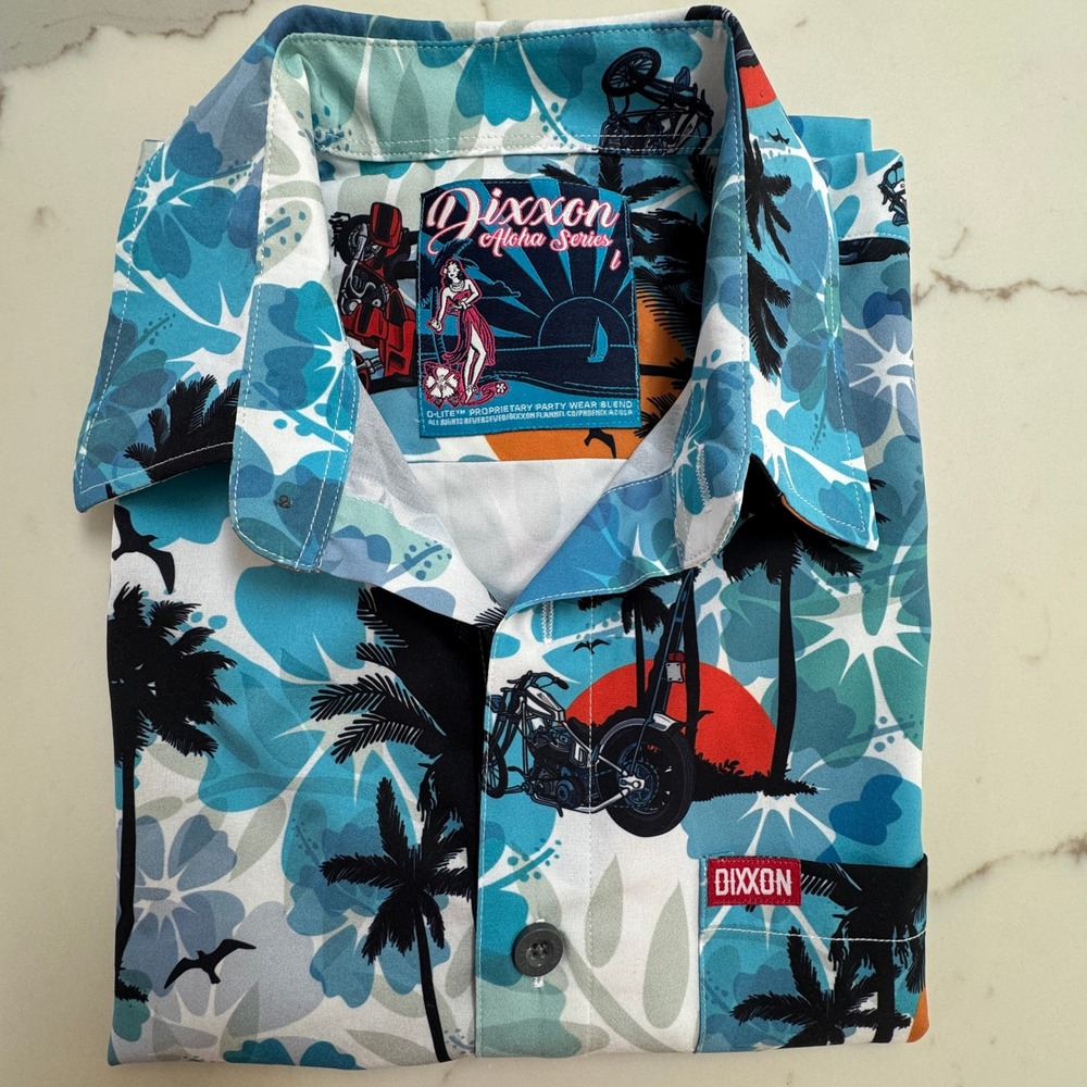 Dixxon Aloha Series Motorcycle Tropical Blue Button Down Large Mens Shirt - Picture 5 of 5